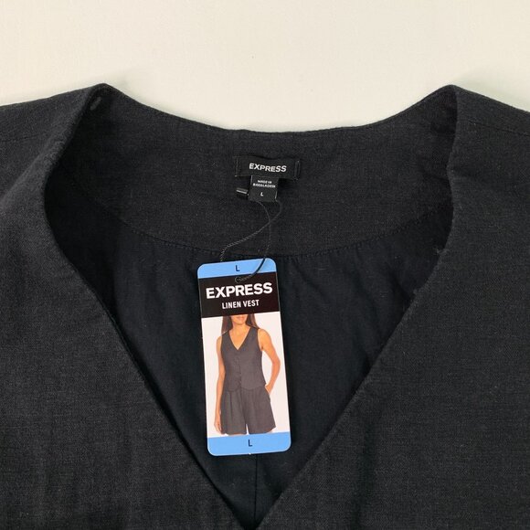Express Women's Vest L Classic Fit V-Neck Button Up Linen Vest Black Size L - Picture 3 of 7